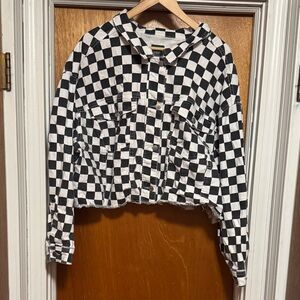 wild fable Black and White Checkered Cropped Jean Jacket
